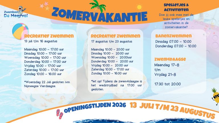 Aangepaste openingstijden Zwembad De Meerval tijdens de zomervakantie van 13 juli tot en met 23 augustus 2026.